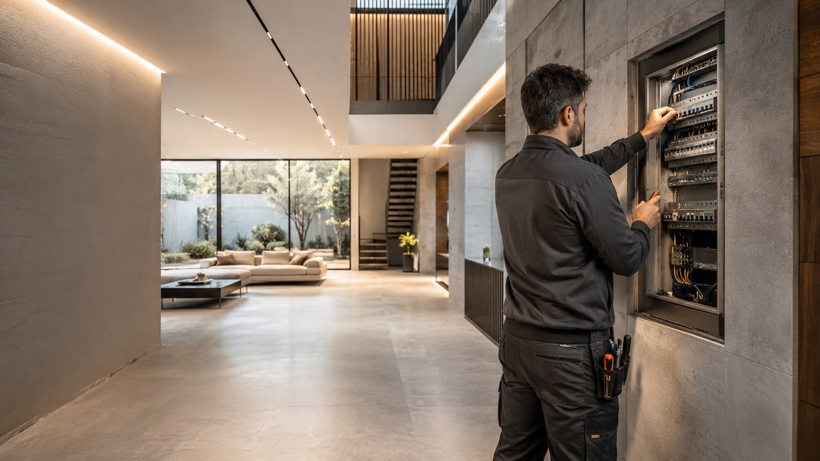 Modern villa elektrik panosunda çalışan profesyonel BRS elektrik ustası