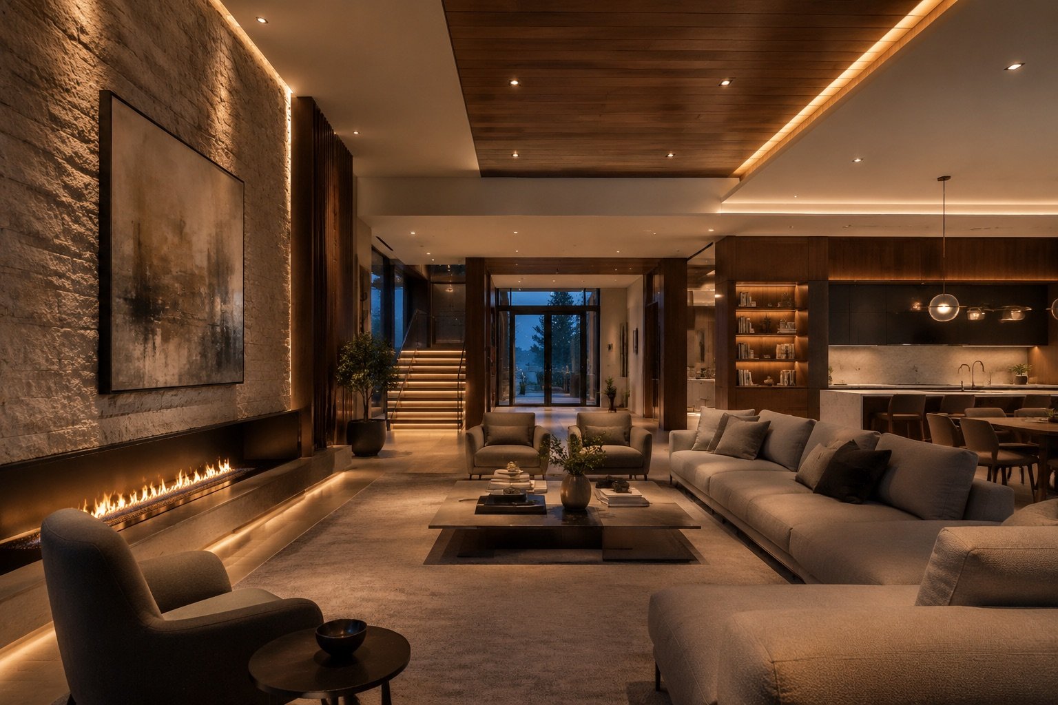 Katmanlı mimari aydınlatmaya sahip premium salon