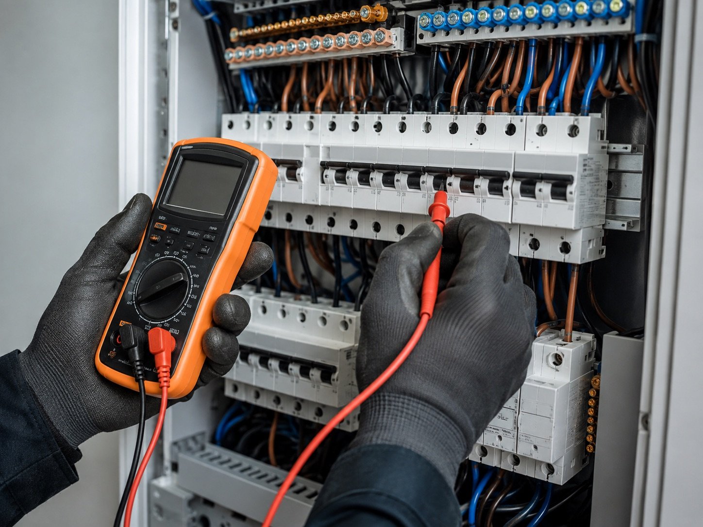 Elektrik panosunda ölçüm yapan teknisyen elleri